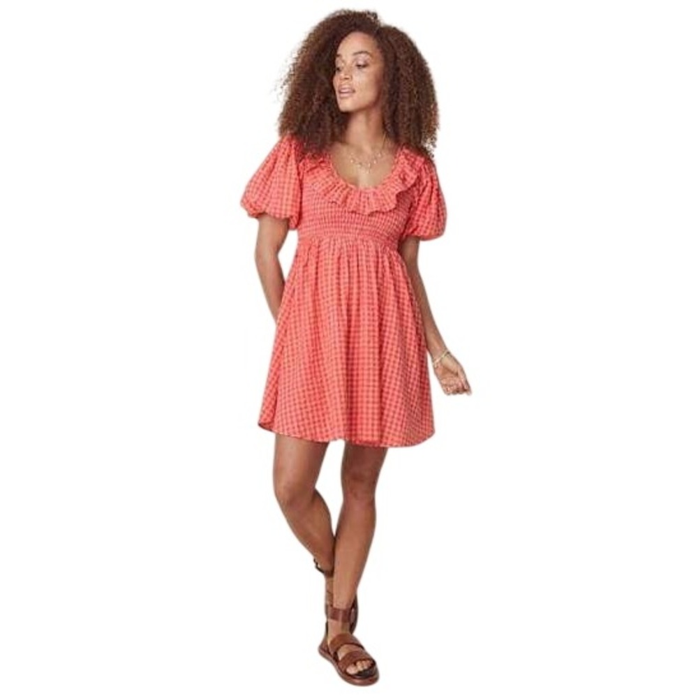 Spell Strawberry Fields Mini Dress Gingham Smocked Puff Sleeve Red Pink M
